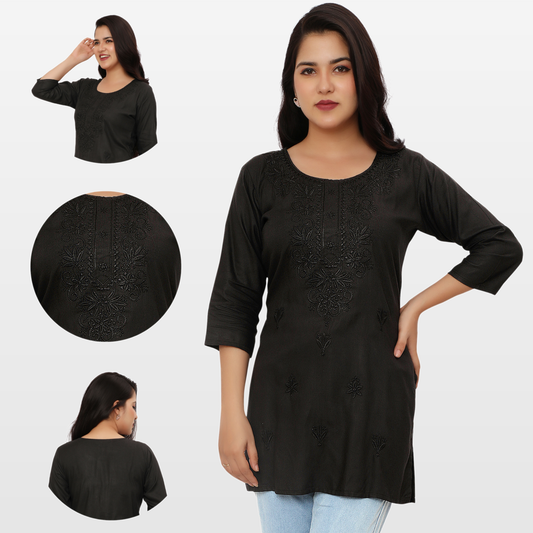 4K Fashion Women Embroidered Short Kurti | Rayon Fabric | Heavy Embroidery Work | 3/4 Sleeve | Black