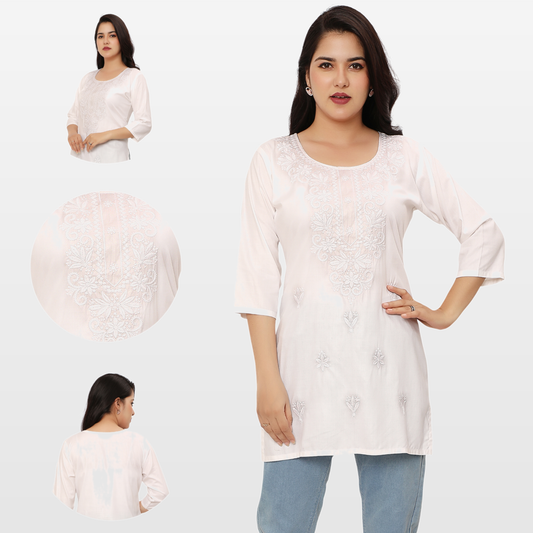 4K Fashion Women Embroidered Short Kurti | Rayon Fabric | Heavy Embroidery Work | 3/4 Sleeve | White