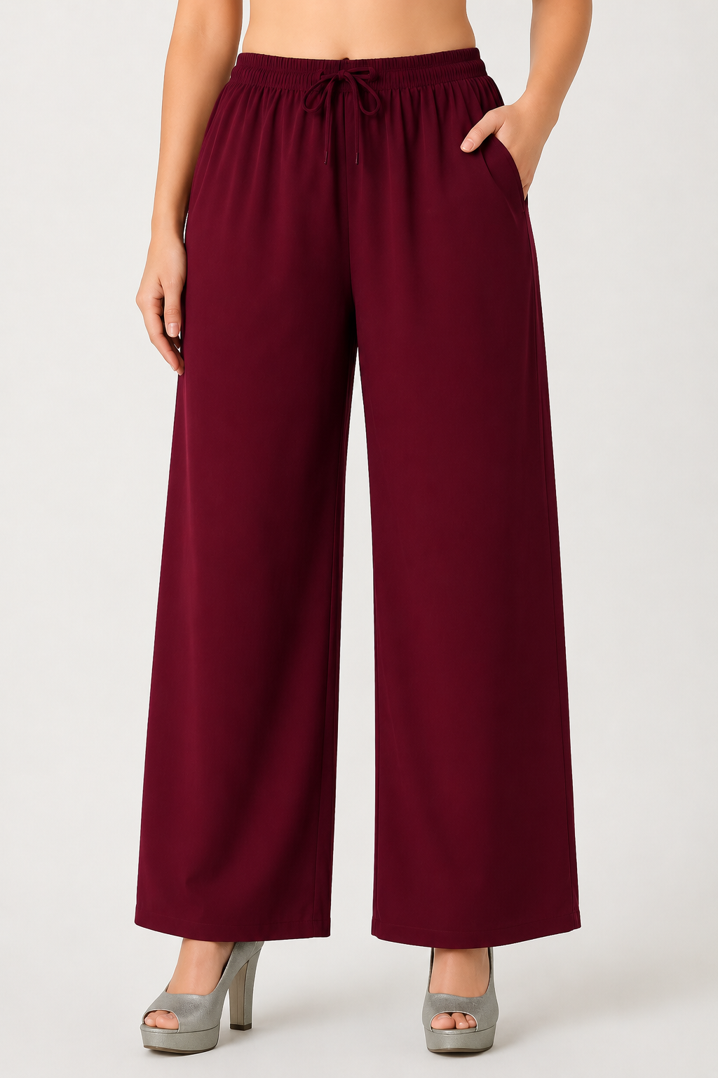 4K Fashion Women Rayon Plain Single Palazzo with Pocket | Elastic Waist & Drawstring | Maroon
