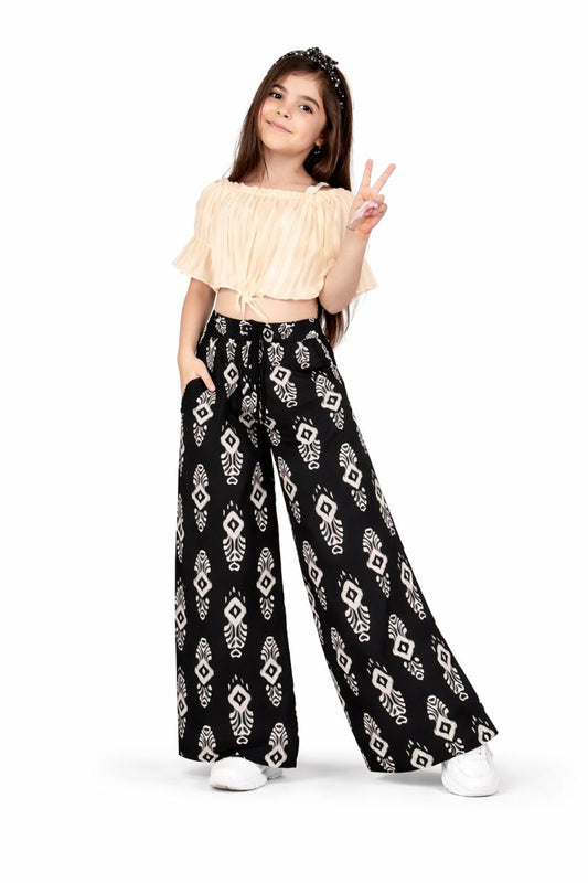 Girls Black Printed Palazzo Pants | Kids Wide Leg Palazzo with Elastic Waist & Pocket | Stylish Comfortable Palazzo for Girls