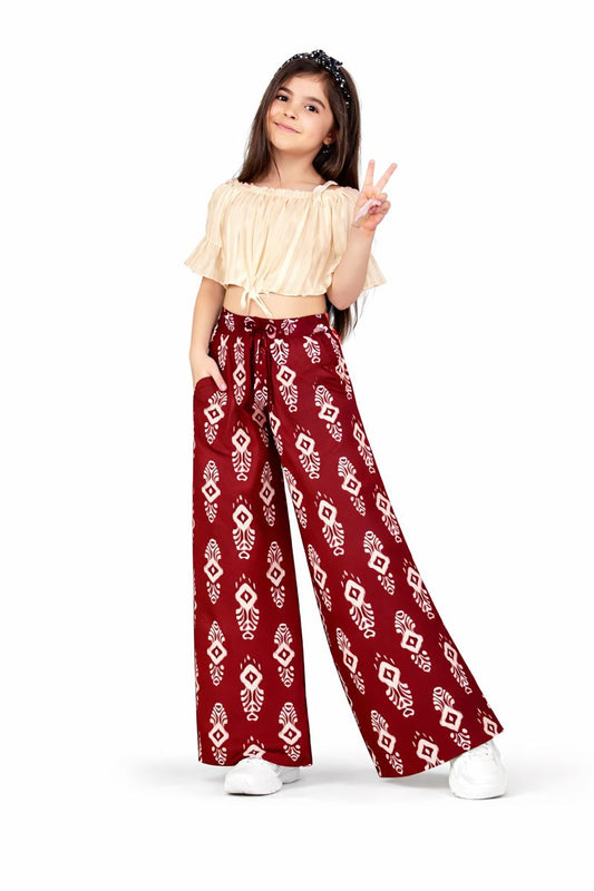 Girls Maroon Printed Palazzo Pants | Kids Wide Leg Palazzo with Elastic Waist & Pocket | Stylish Comfortable Palazzo for Girls