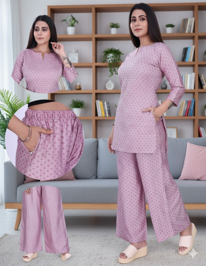 4K Fashion Women Dobi Co-Ord Set with Palazzo Pant & Pocket | Elastic Waist & Drawstring | Magenta