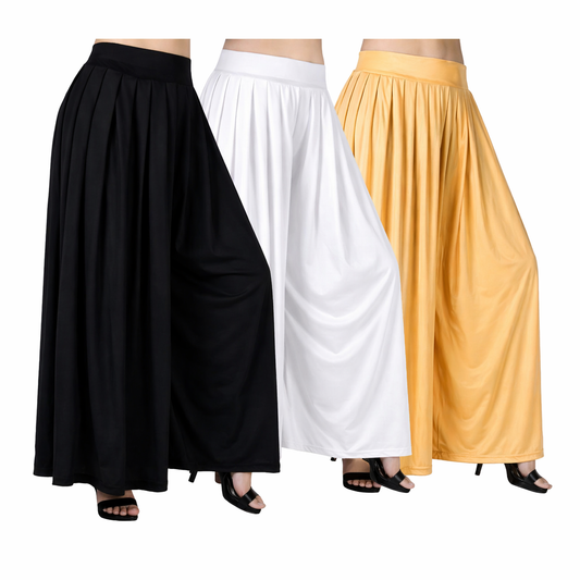 Sarina Pack of 3 Plain Full Ghera Palazzo for Women – Black, White & Golden | Soft Stretch Palazzo Combo