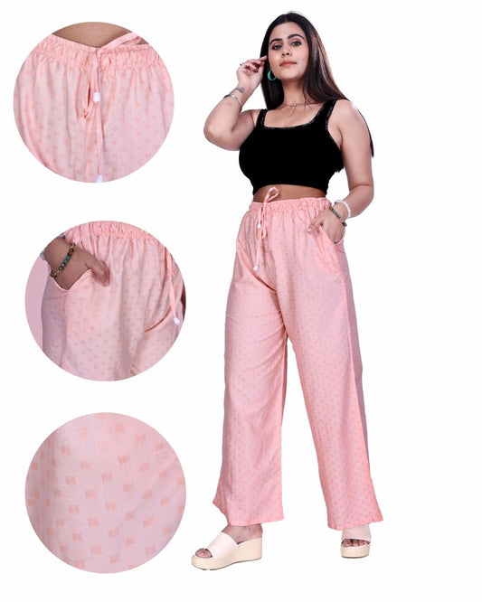 4K Fashion Women Rayon Dobi Single Palazzo with Pocket | Elastic Waist & Drawstring | Peach