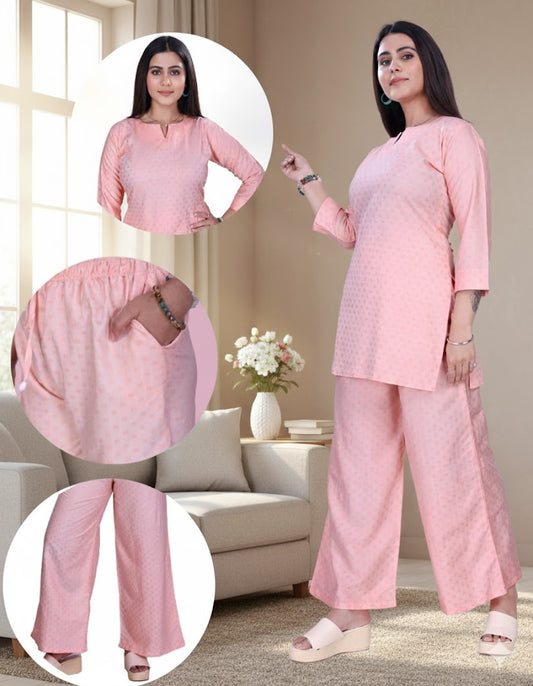 4K Fashion Women Dobi Co-Ord Set with Palazzo Pant & Pocket | Elastic Waist & Drawstring | Peach
