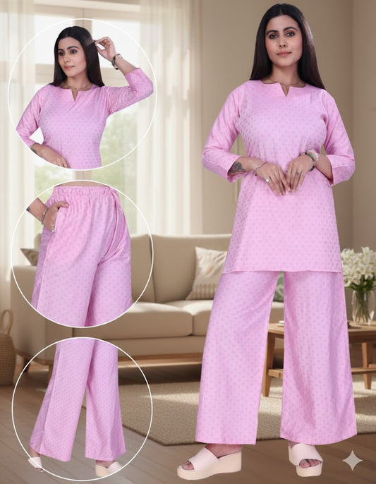 4K Fashion Women Dobi Co-Ord Set with Palazzo Pant & Pocket | Elastic Waist & Drawstring | Pink