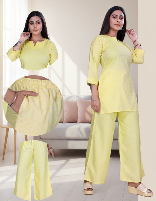 4K Fashion Women Dobi Co-Ord Set with Palazzo Pant & Pocket | Elastic Waist & Drawstring | Yellow