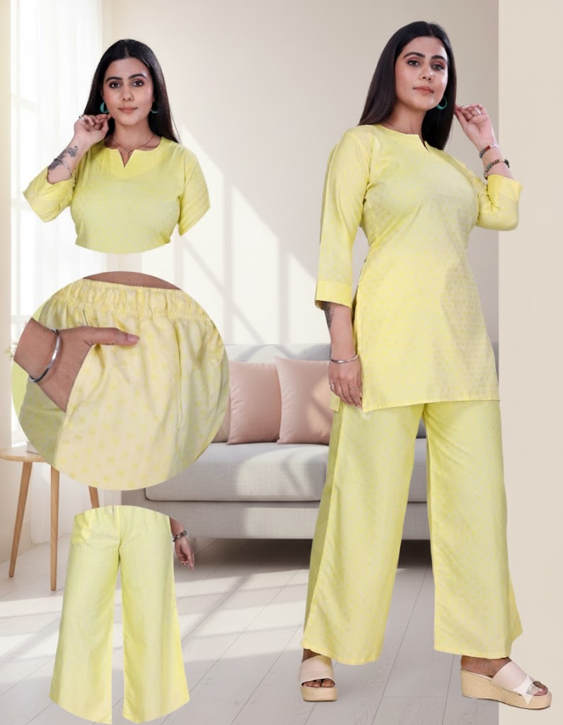 4K Fashion Women Dobi Co-Ord Set with Palazzo Pant & Pocket | Elastic Waist & Drawstring | Yellow